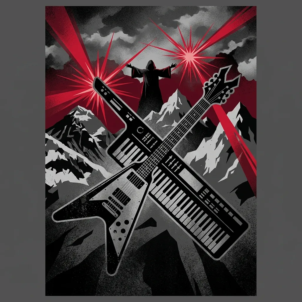ilustración tributo de un teclado de concierto envuelto en rayos de luz violeta y destellos de estrella, con una guitarra eléctrica cruzada sobre un horizonte de montañas nevadas, atmósfera power metal finlandés años 2000, sin rostros ni logos, paleta rojo y negro