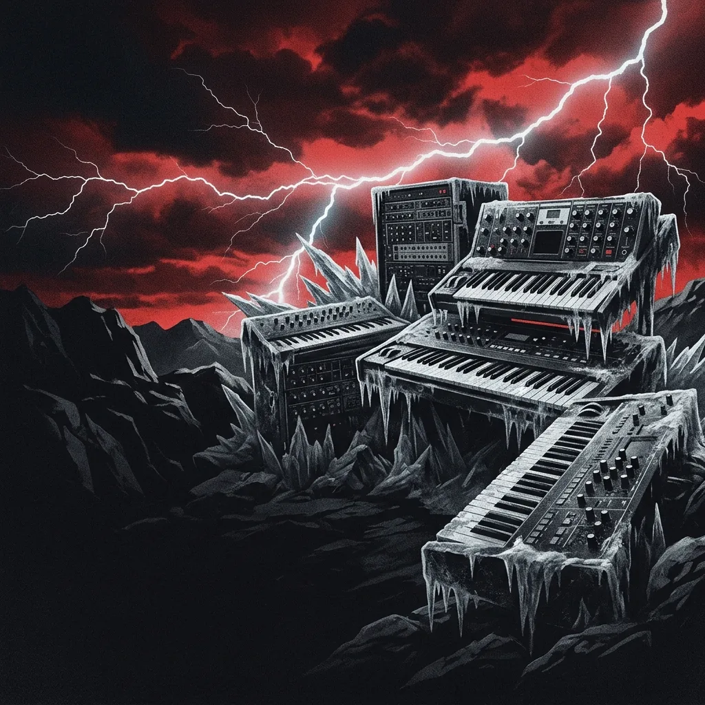 ilustración tributo de un collage de instrumentos orquestales y eléctricos —violín, guitarra, teclado— entrelazados con constelaciones y motivos de hielo ártico, atmósfera power metal neoclásico finlandés, sin texto ni logotipos, paleta rojo y negro con destellos plateados