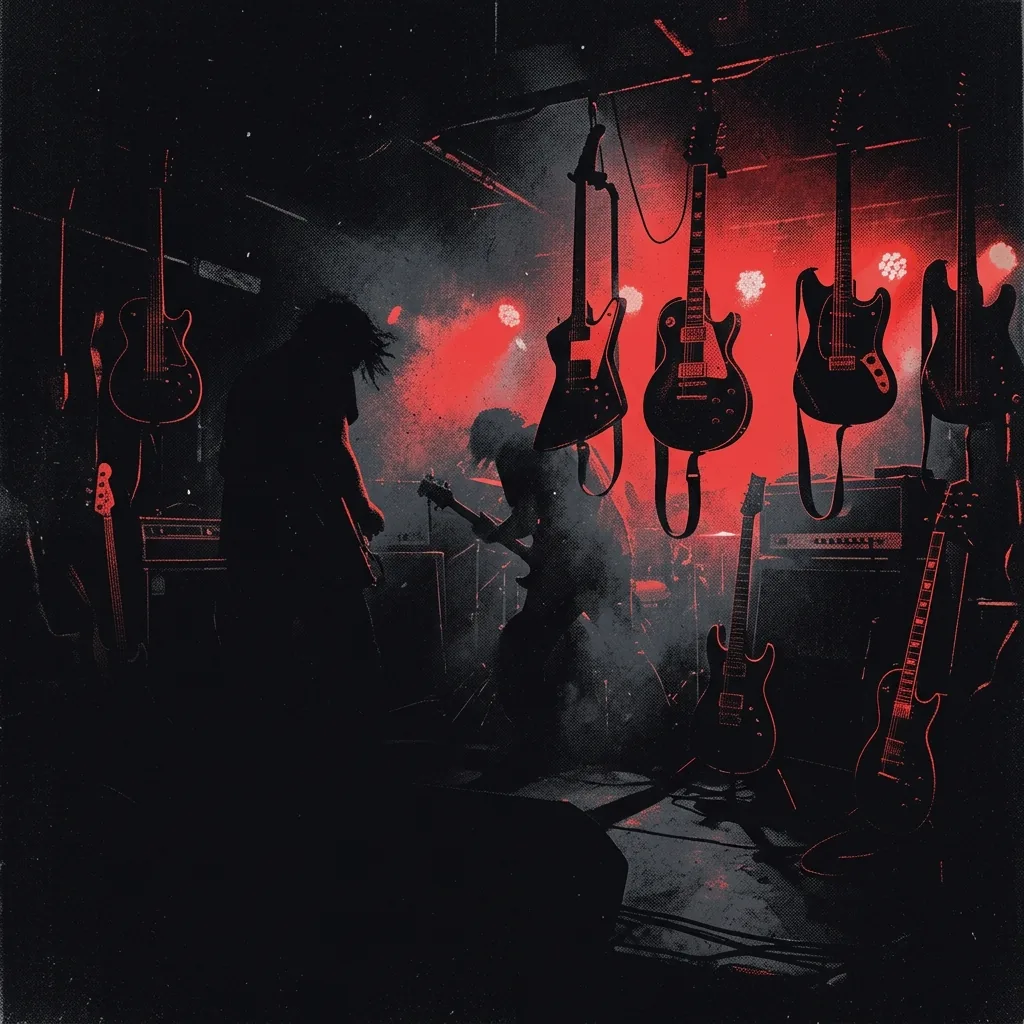 ilustración tributo de un escenario de club oscuro con guitarras eléctricas silueteadas por luz roja y estroboscópica, ambiente de energía salvaje y densidad atmosférica, paleta rojo y negro, sin rostros ni logos
