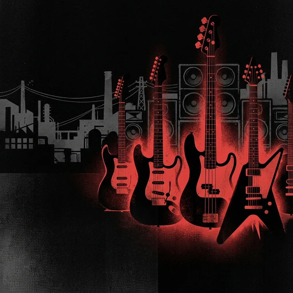 ilustración tributo de guitarras eléctricas de cuerpo sólido y bajo de cuatro cuerdas envueltos en luz roja sobre fondo negro profundo, motivos de ciudad industrial y siluetas de altavoces apilados, paleta rojo sangre y negro, sin texto ni logotipos