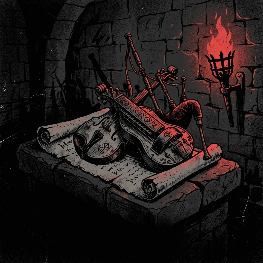 ilustración tributo de una zanfona y una gaita cruzadas sobre un pergamino antiguo en un sótano iluminado por antorchas, atmósfera oscura de castillo medieval, paleta rojo y negro, sin rostros reconocibles ni logos