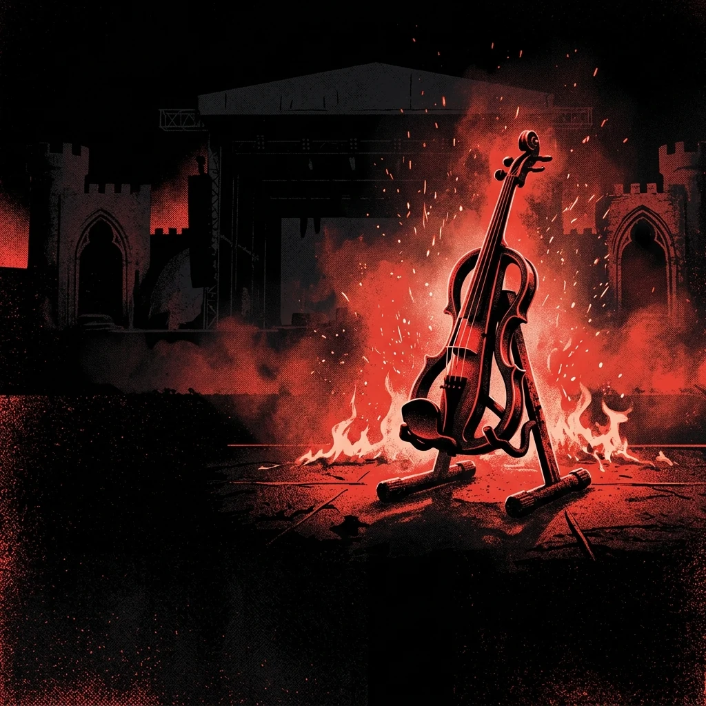 ilustración tributo de un escenario de festival al aire libre bajo cielo negro con una figura tocando violín eléctrico rodeada de llamas y neblina, siluetas medievales en el fondo, paleta rojo y negro, sin rostros ni logos