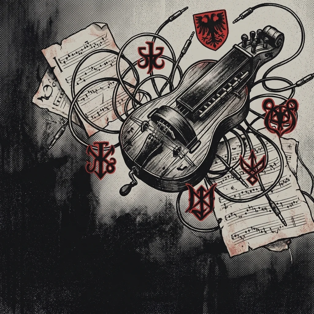 ilustración tributo de una zanfona flotante rodeada de partituras medievales y cables de guitarra eléctrica entrelazados, símbolos heráldicos en rojo y negro sobre fondo oscuro, sin texto ni logotipos
