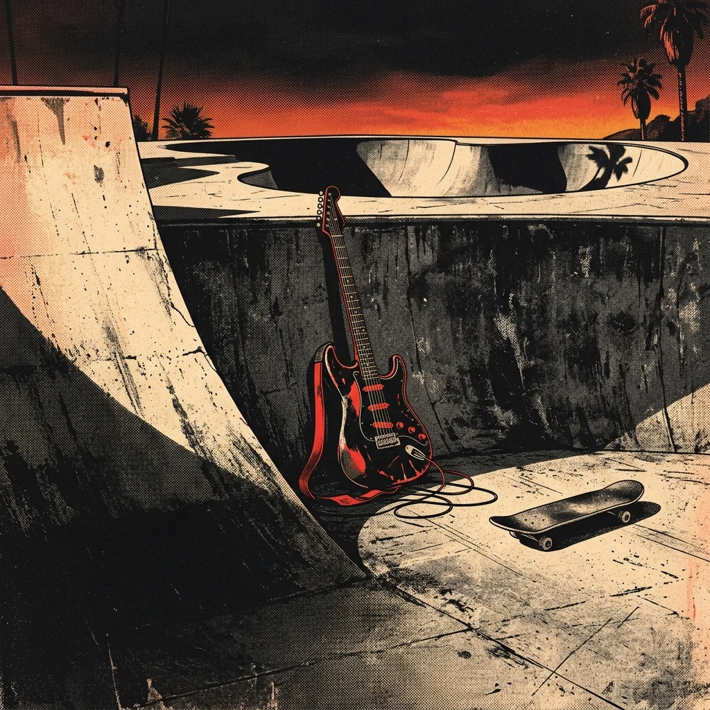 ilustración tributo de una pista de skate bajo el sol de California con una guitarra eléctrica apoyada contra el muro de cemento, atmósfera cruda de los años 80, paleta rojo y negro intensa, sin rostros reconocibles ni logos