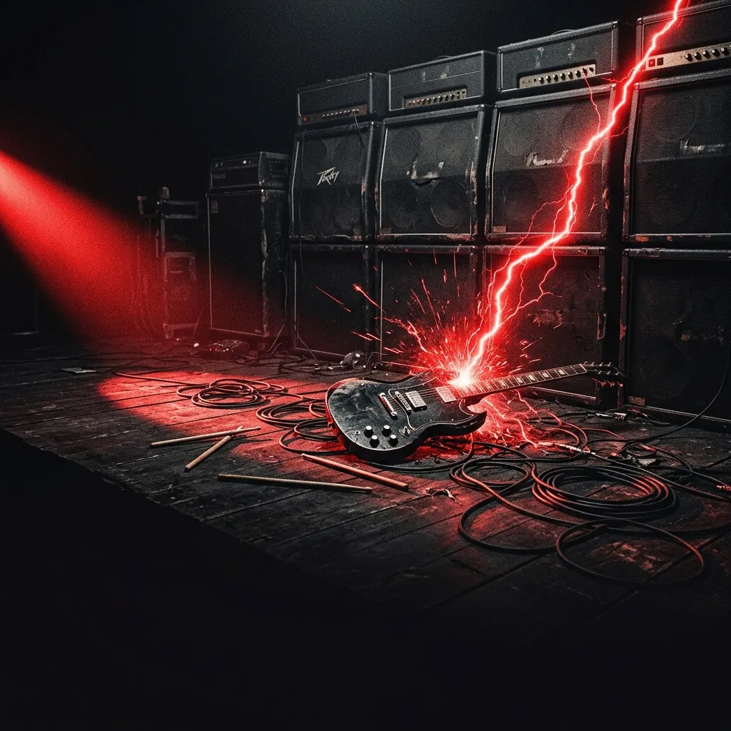 ilustración tributo de un escenario de concierto underground con amplificadores al límite y chispas eléctricas en la oscuridad, atmósfera de crossover thrash de los 90, paleta rojo y negro, sin rostros ni logos