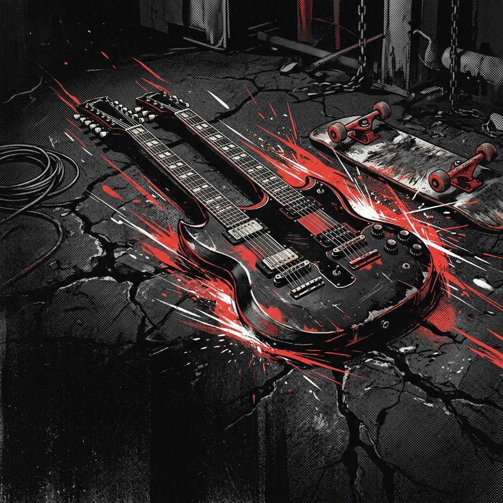 ilustración tributo de una guitarra eléctrica de doble mástil sobre asfalto agrietado con chispas y trazos de velocidad evocando skate y metal extremo, paleta rojo y negro, sin texto ni logotipos