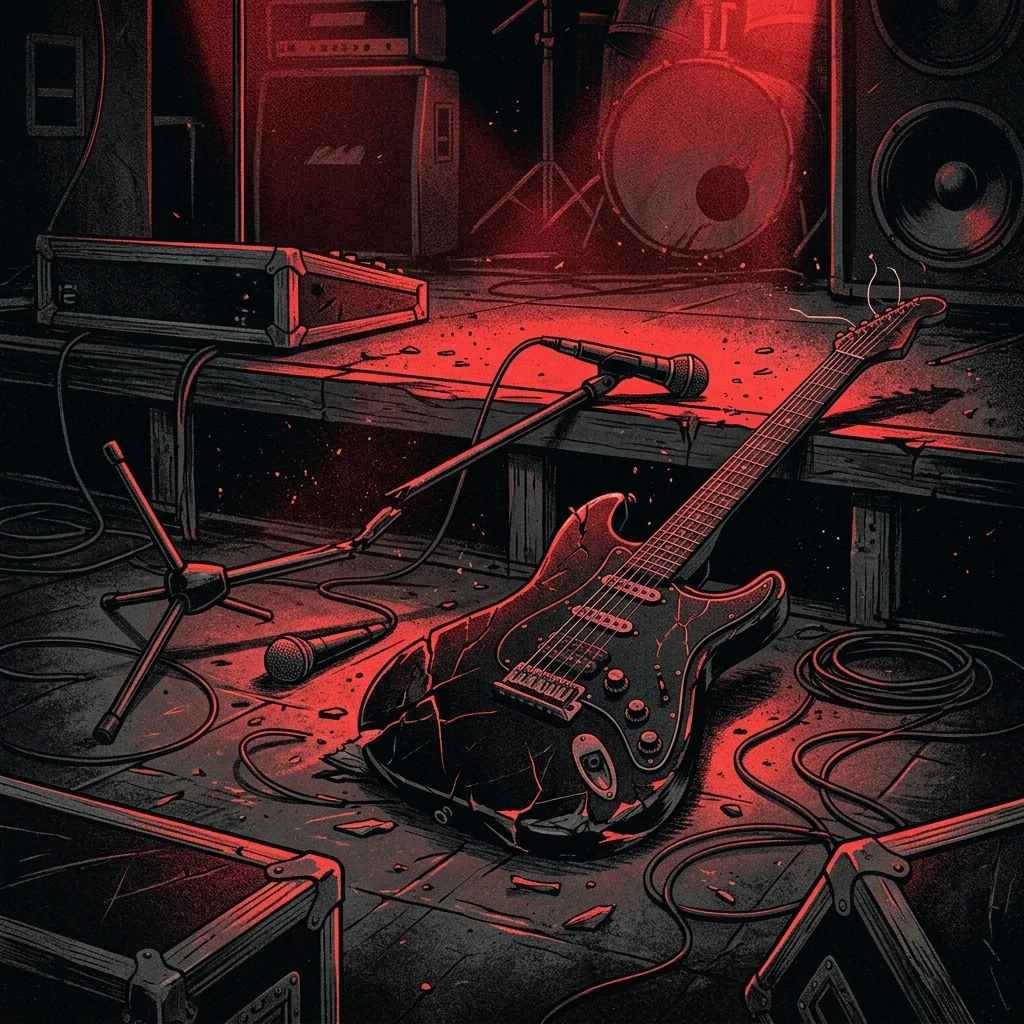 ilustración tributo de una guitarra eléctrica destrozada y un micrófono caído en un escenario oscuro bañado en luz roja, atmósfera de intensidad extrema y catarsis brutal, sin rostros reconocibles ni logos, paleta rojo y negro