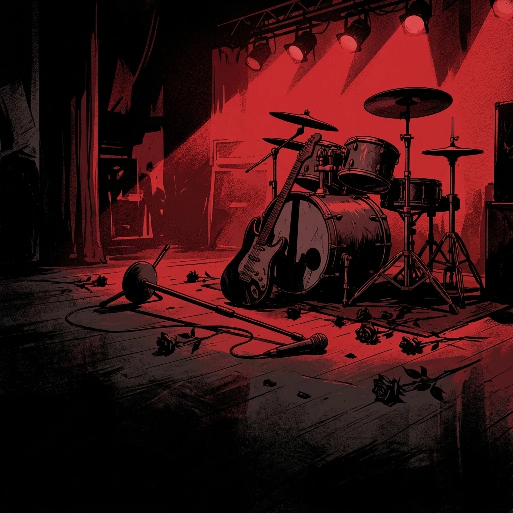 ilustración tributo de un escenario vacío con instrumentos abandonados bajo una luz roja intensa, micrófono caído y flores negras esparcidas, atmósfera de pérdida y determinación, sin rostros ni logos, paleta rojo y negro