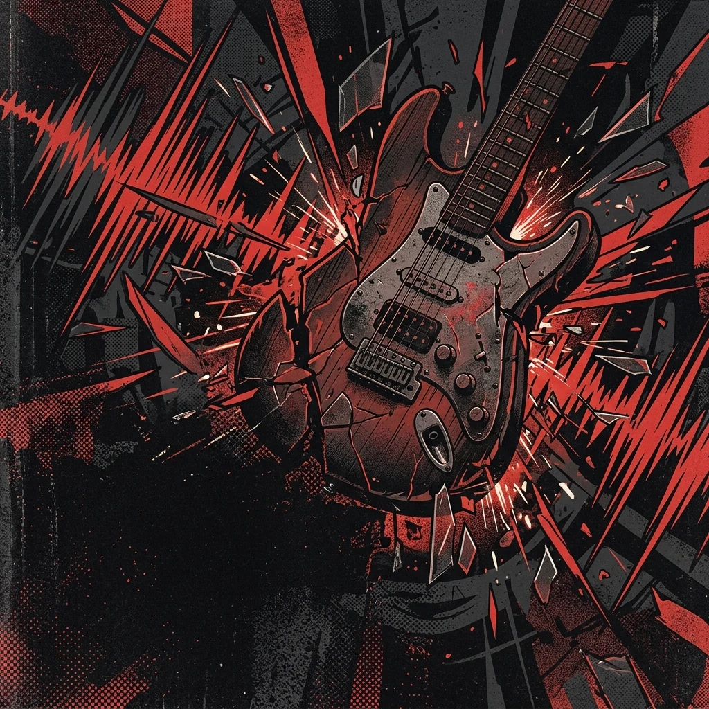 ilustración tributo de una guitarra eléctrica de cuerpo roto emergiendo de una masa de ondas sonoras fragmentadas, entre escombros y chispas sobre fondo negro, evocando la brutalidad calculada y la arquitectura de breakdowns del deathcore, paleta rojo y negro, sin texto ni logotipos