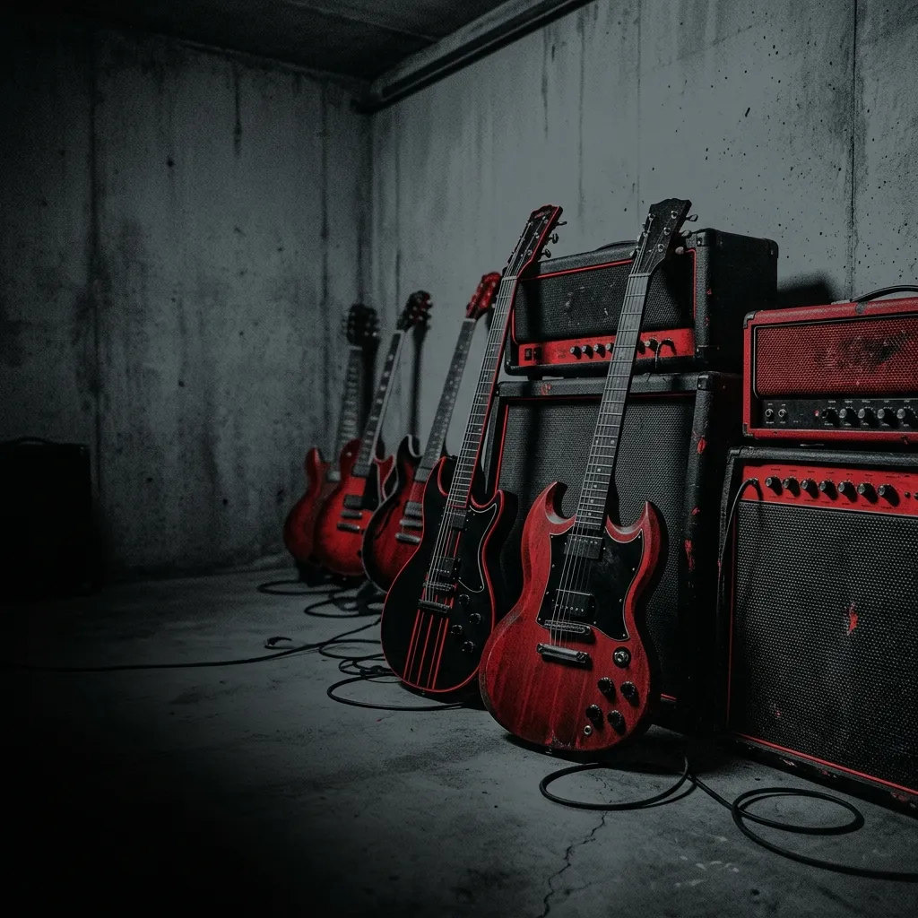 ilustración tributo de guitarras eléctricas rojas y negras en un garaje suburbano canadiense con carteles de punk y metal, energía juvenil explosiva, paleta rojo y negro, sin rostros reconocibles ni logos