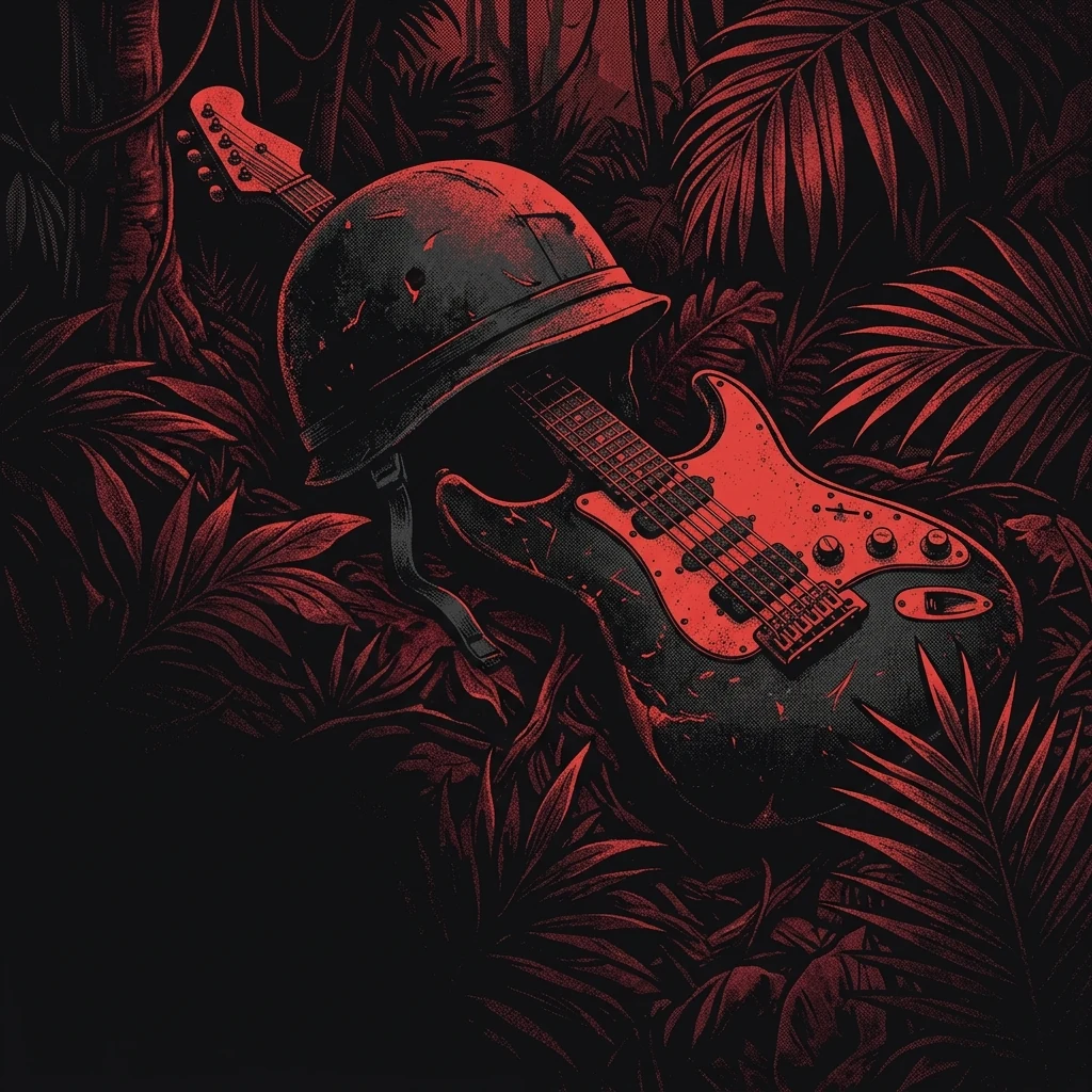 ilustración tributo de un casco de casco militar y una guitarra eléctrica entrelazados sobre fondo de selva tropical, atmósfera de tensión y épica, paleta rojo y negro, sin rostros ni logos