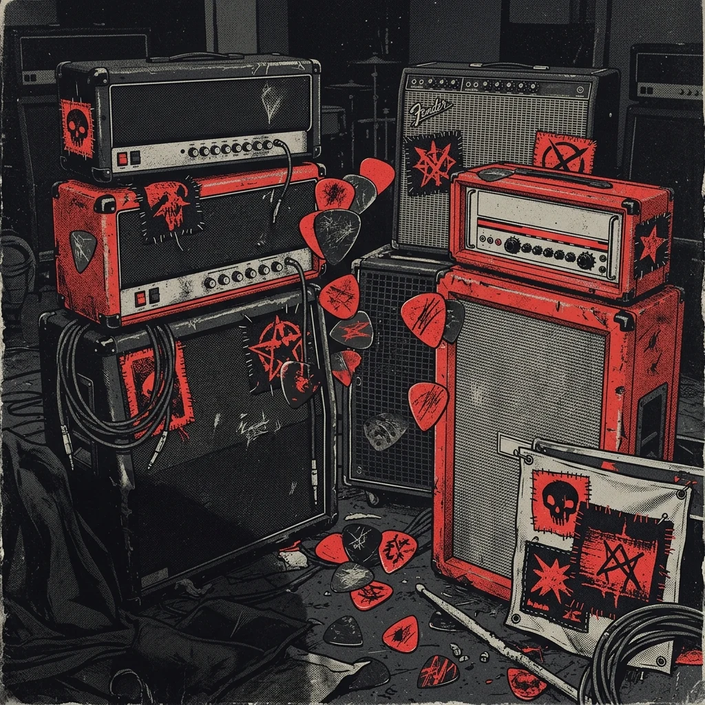 ilustración tributo de un collage de amplificadores, púas de guitarra y parches de tela negra y roja evocando el pop punk canadiense de los 2000, atmósfera de energía contenida, paleta rojo y negro, sin texto ni logotipos