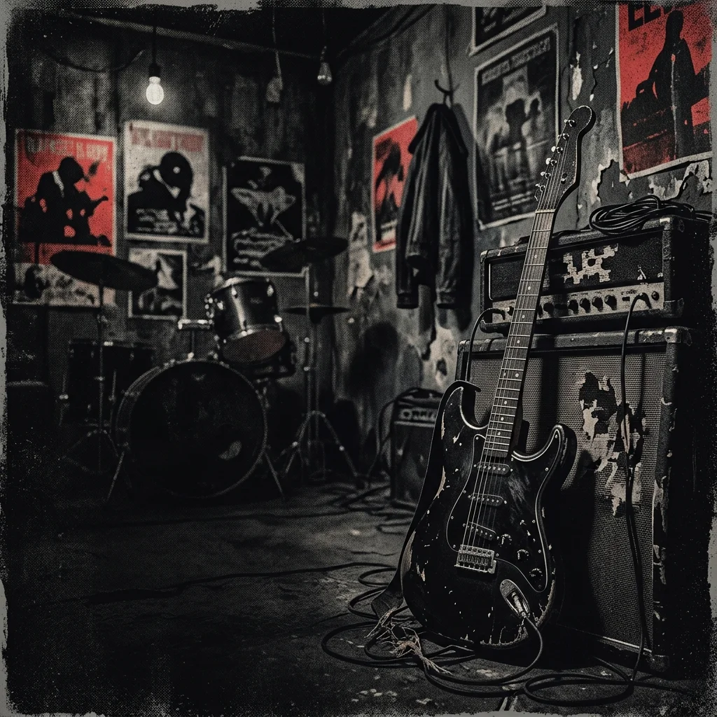 ilustración tributo del conurbano bonaerense de los 80 con una guitarra y atmósfera post-punk cruda, paleta rojo y negro, sin rostros ni logos
