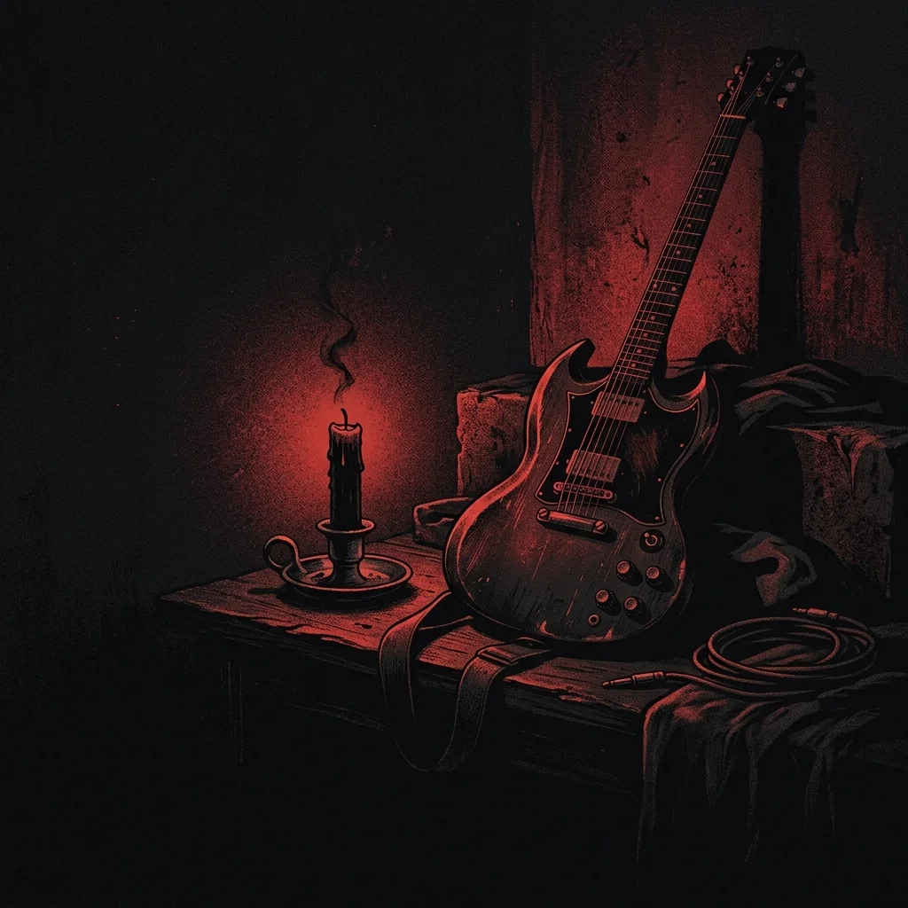 ilustración tributo de una vela apagada y una guitarra entre sombras, atmósfera de despedida y memoria, paleta rojo y negro, sin rostros ni logos