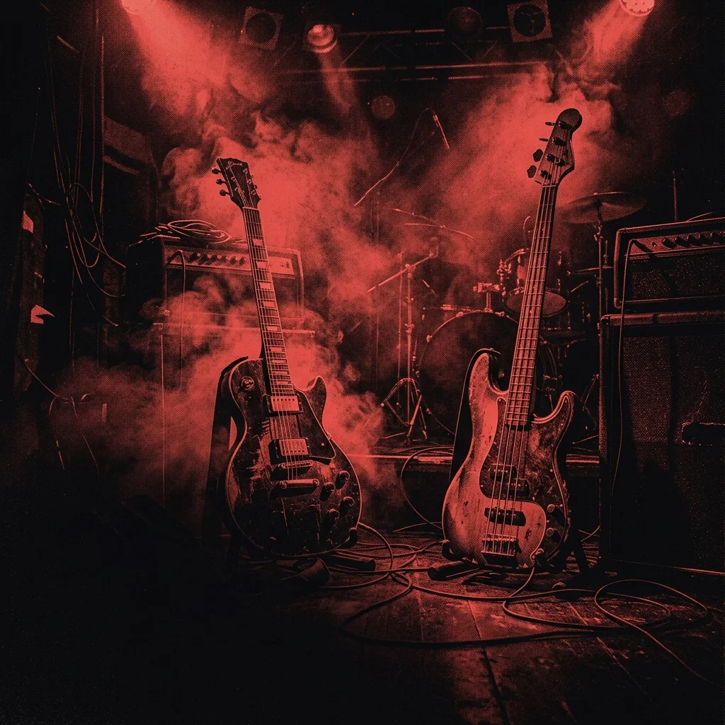 ilustración tributo de una guitarra y un bajo entre humo y luz roja tenue en un escenario crudo, atmósfera post-punk, paleta rojo y negro, sin texto ni logotipos