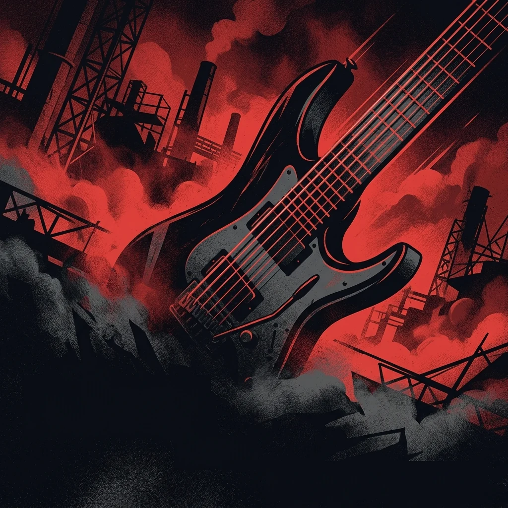 ilustración tributo de una guitarra eléctrica con cuerdas tensadas al límite sobre un fondo de niebla industrial roja y negra, representación abstracta de velocidad y precisión técnica, sin rostros ni logos reconocibles