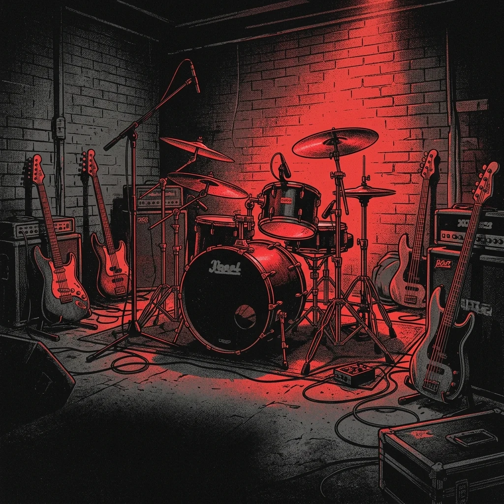 ilustración tributo de una batería rodeada de guitarras eléctricas en un espacio de ensayo oscuro bañado en luz roja, paredes industriales de ladrillo, atmósfera de intensidad y concentración creativa, paleta rojo y negro, sin rostros ni logos