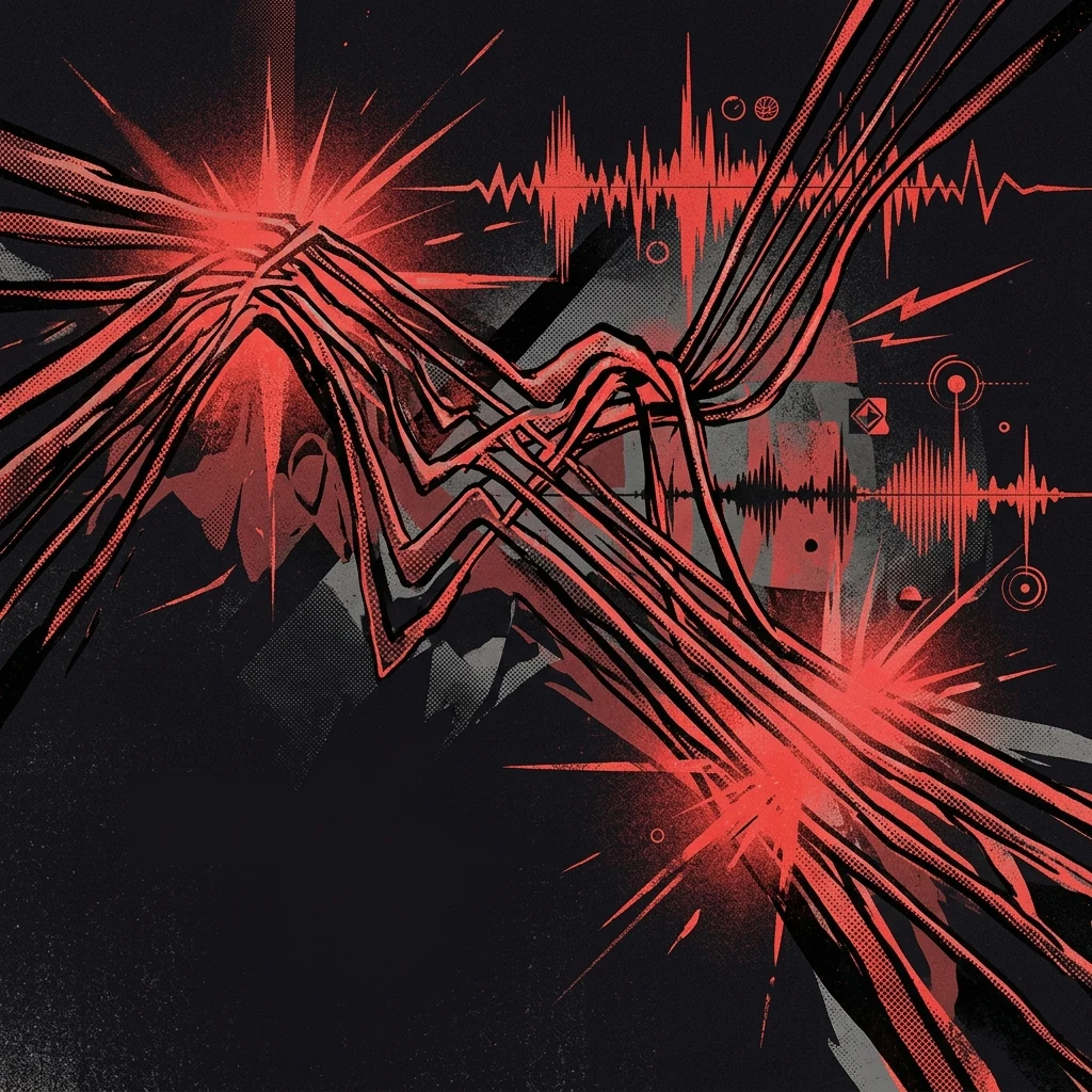ilustración tributo de un diagrama abstracto de cuerdas de guitarra y ondas de sonido que se entrelazan en un espacio oscuro con destellos rojos, representación visual de la complejidad técnica y la ferocidad sonora de Sylosis, paleta rojo y negro, sin texto ni logotipos