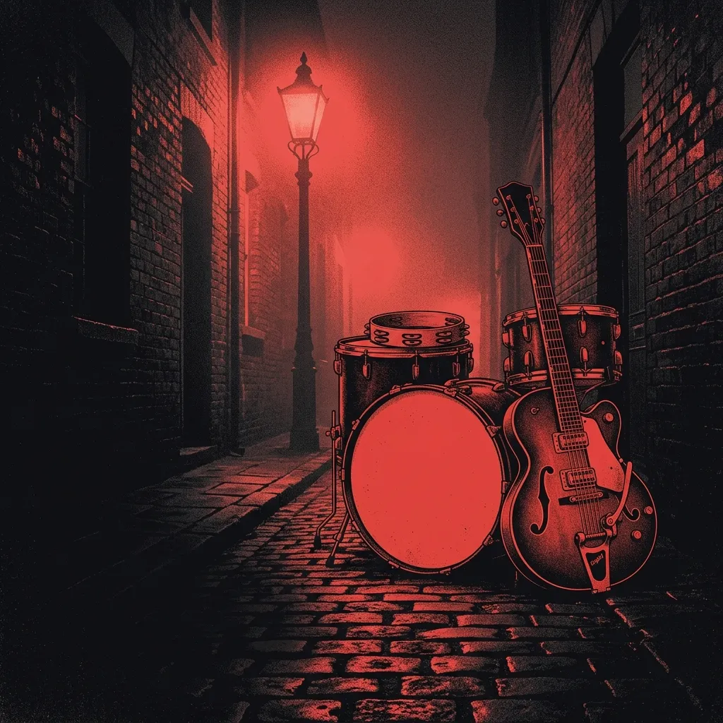 ilustración tributo de cuatro siluetas con instrumentos vintage en un callejón bajo lluvia londinense, atmósfera de los años 60 en blanco y negro con destellos rojo y negro, sin rostros reconocibles ni logos