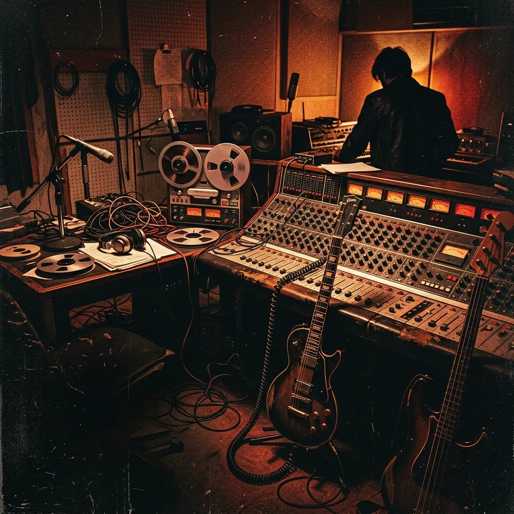 ilustración tributo de un estudio de grabación de los años 60 con consola analógica y guitarras vintage bajo luz cálida, atmósfera de experimentación sonora, paleta rojo y negro, sin rostros ni logos