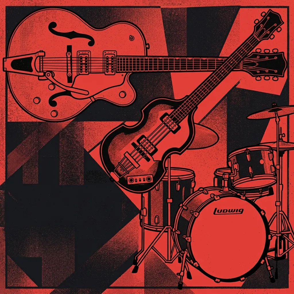 ilustración tributo de una guitarra Gretsch, un bajo Höfner y una batería Ludwig entrelazados en composición geométrica, estética sesentera en colores contrastados, paleta rojo y negro, sin texto ni logotipos