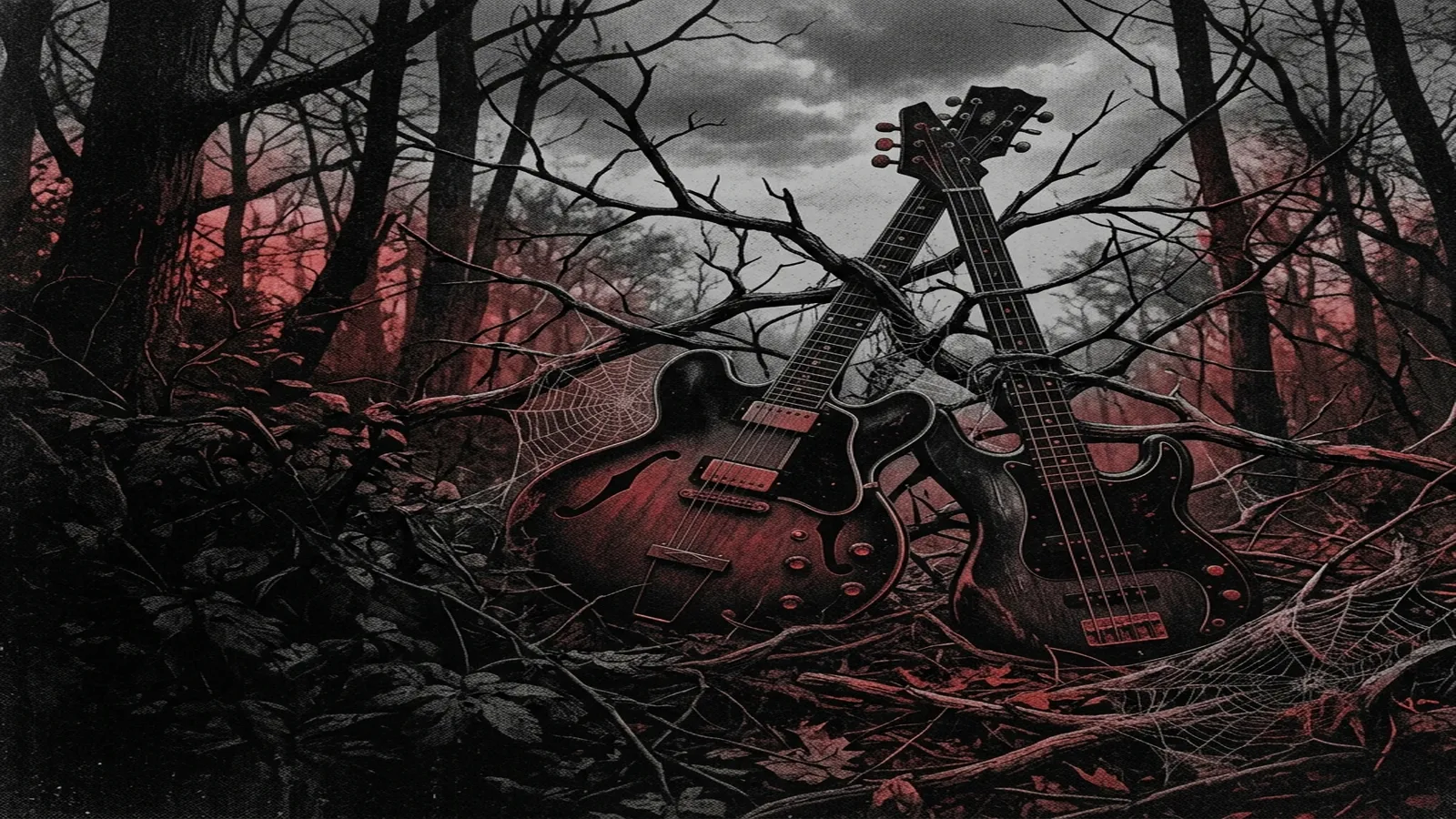 ilustración tributo de una guitarra de doble mástil suspendida sobre una ciudad lluviosa inglesa nocturna con luces de neón reflejadas en el pavimento, atmósfera post-punk gótico años 80, paleta rojo y negro profundo, sin rostros reconocibles ni logos