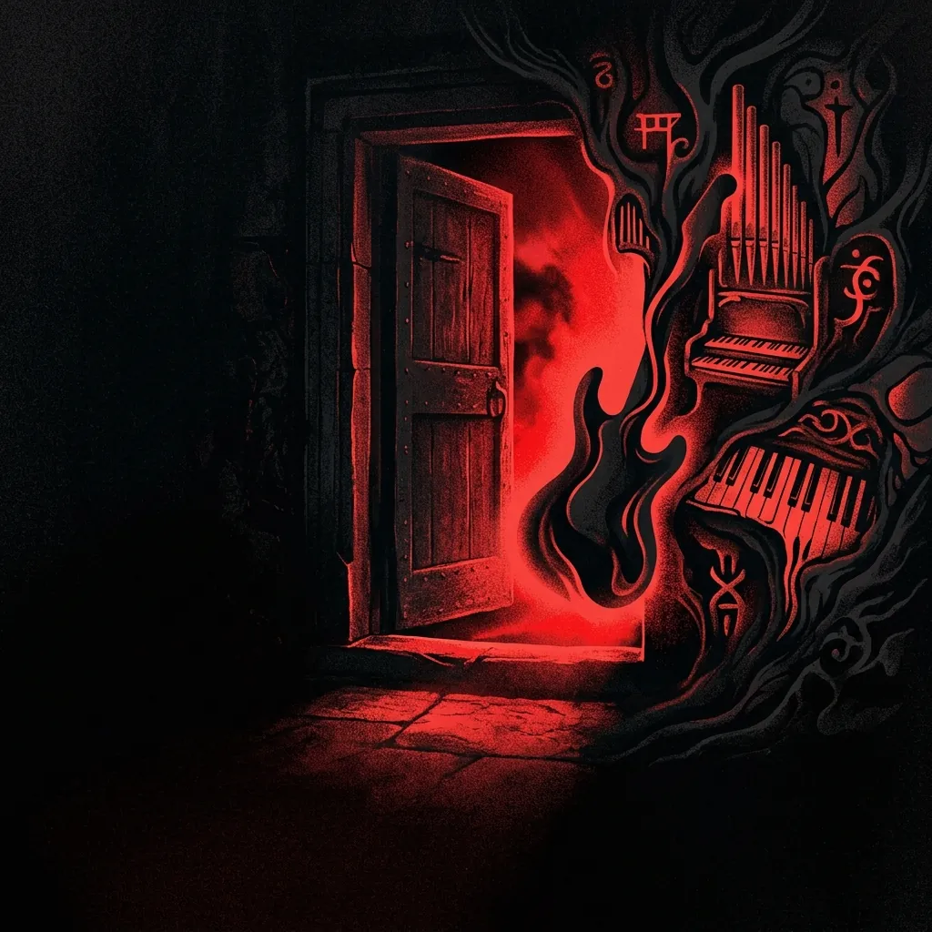 ilustración tributo de una puerta entreabierta desde la que emerge una luz roja intensa sobre un fondo oscuro, símbolos de órgano eléctrico y guitarra sinuosa, atmósfera misteriosa y psicodélica, paleta rojo y negro, sin rostros reconocibles ni logos