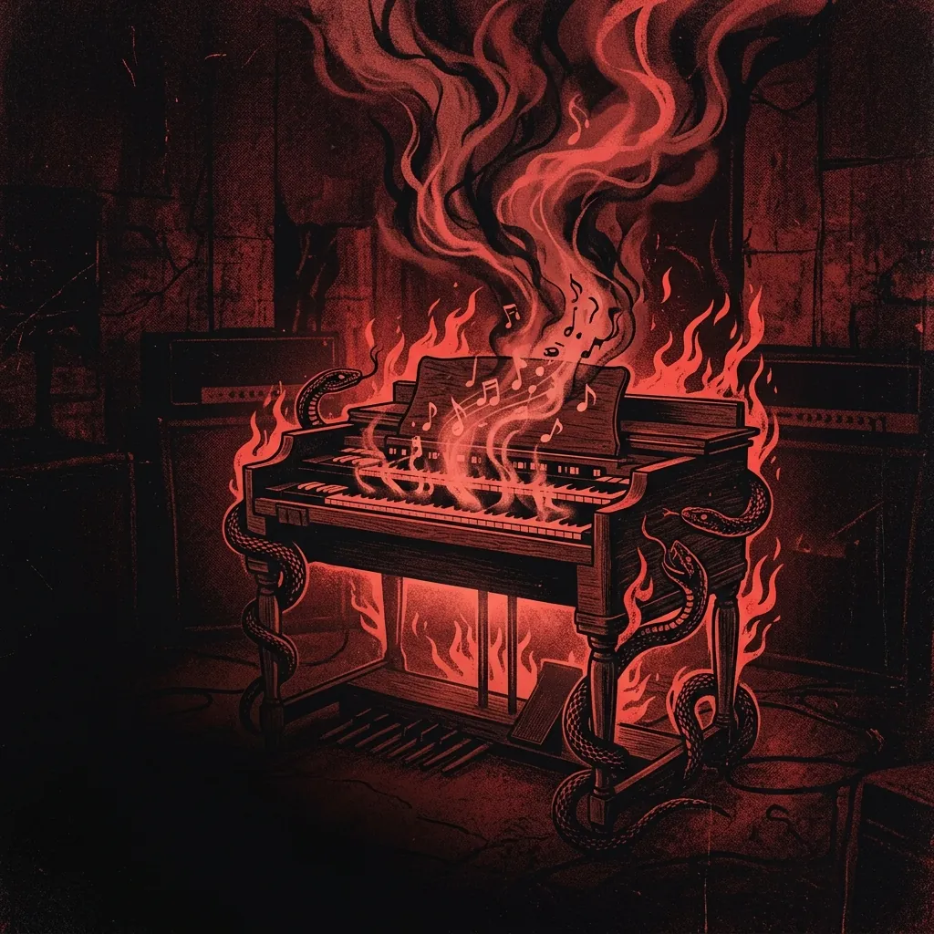 ilustración tributo de un órgano eléctrico iluminado por una luz roja tenue con notas musicales que se disuelven en humo, motivos de serpiente y llama que evocan el blues psicodélico, paleta rojo y negro, sin texto ni logotipos