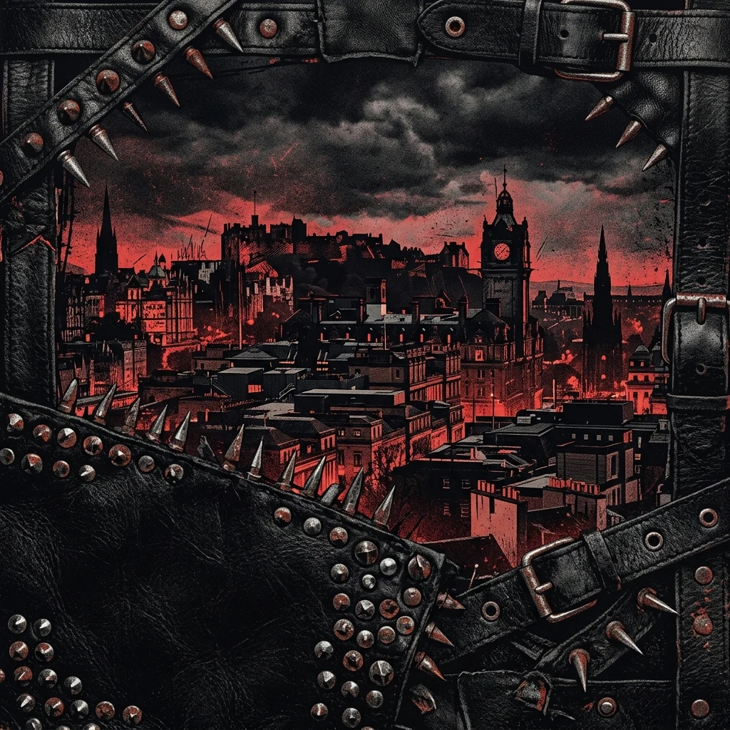 ilustración tributo de un mohicano punk gigante recortado sobre el skyline nocturno de Edimburgo, chaqueta de cuero tachonada, atmósfera cruda y urbana, paleta rojo y negro, sin rostros reconocibles ni logos