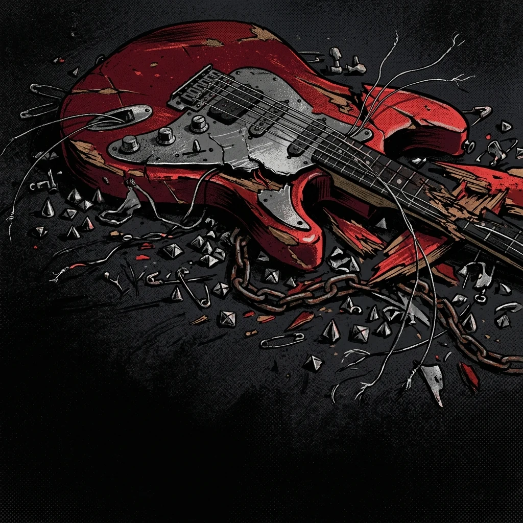 ilustración tributo de una guitarra eléctrica destrozada rodeada de tachuelas y cadenas sobre fondo negro, estética punk UK 82, paleta rojo y negro intensa, sin texto ni logotipos