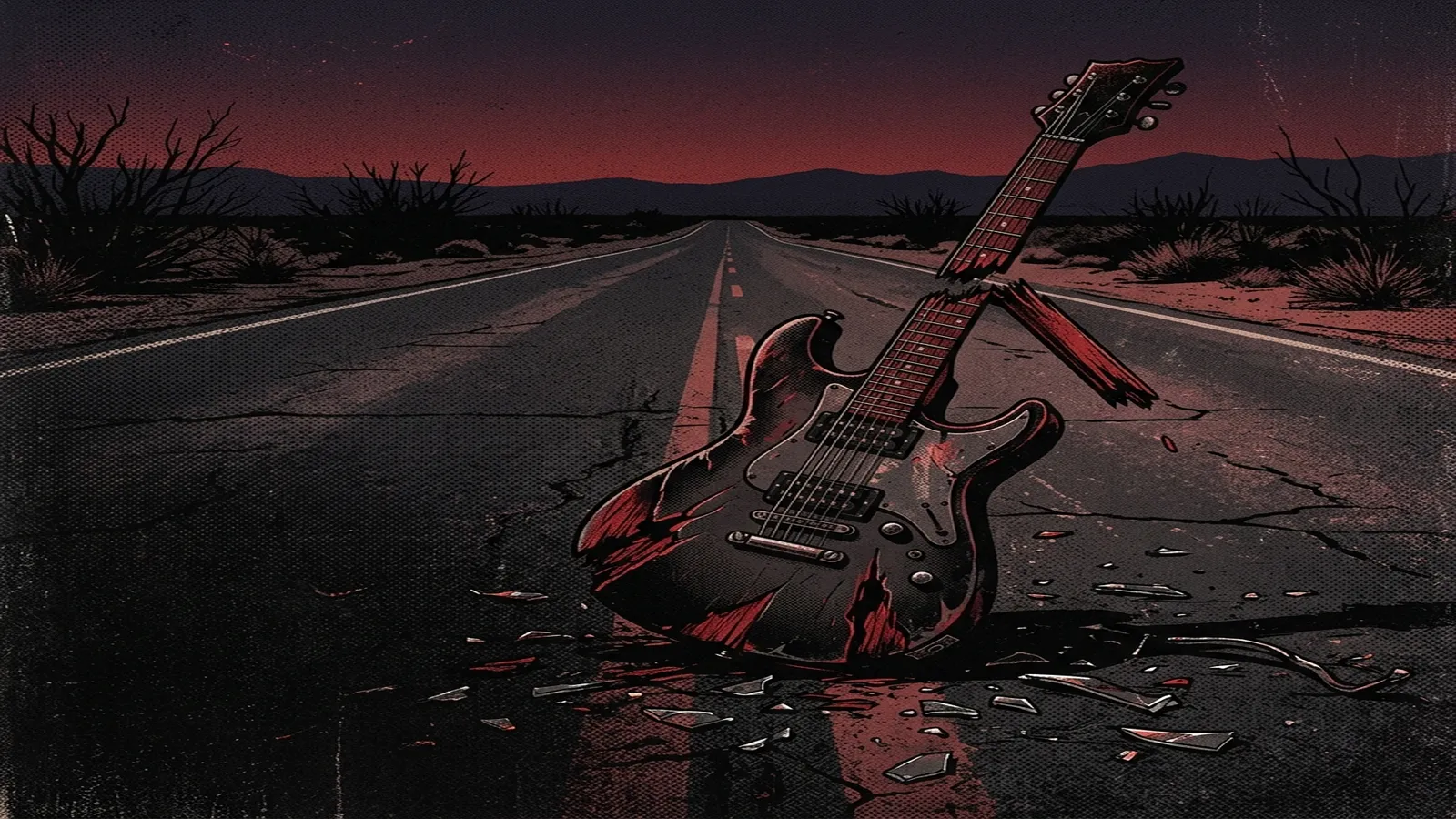 ilustración tributo de una guitarra eléctrica rota apoyada sobre una carretera de California desierta al anochecer, fragmentos de cristal y metal en el asfalto, atmósfera metalcore oscura años 2000, sin rostros reconocibles ni logos, paleta rojo y negro