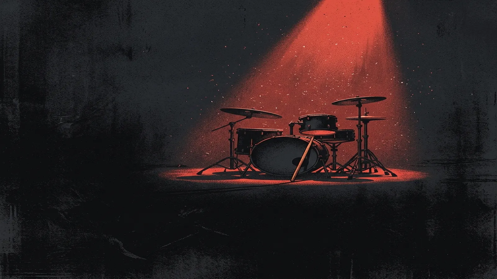 ilustración tributo de una batería con una sola baqueta sobre un escenario vacío iluminado por un foco solitario, cenizas flotando en el aire bajo una luz roja y negra, atmósfera de resurrección y resiliencia, sin rostros ni logos, paleta rojo y negro