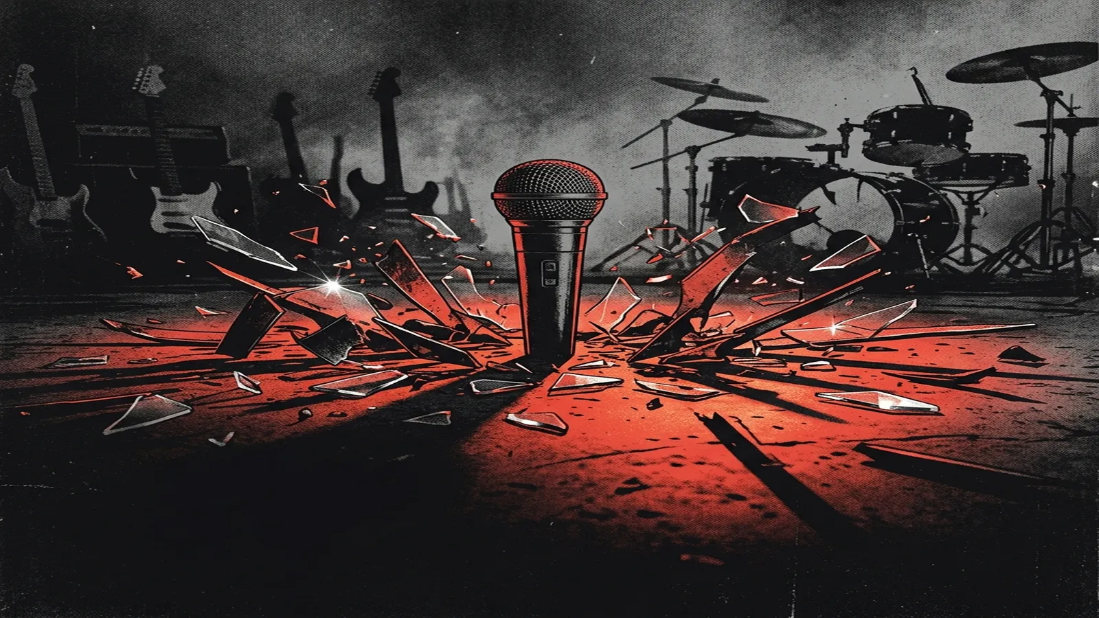 ilustración tributo de un micrófono rodeado de fragmentos de metal y vidrio sobre un suelo iluminado en rojo, con un fondo de siluetas de guitarras y una batería incompleta, atmósfera metalcore California contemporáneo, sin texto ni logotipos, paleta rojo y negro con destellos blancos