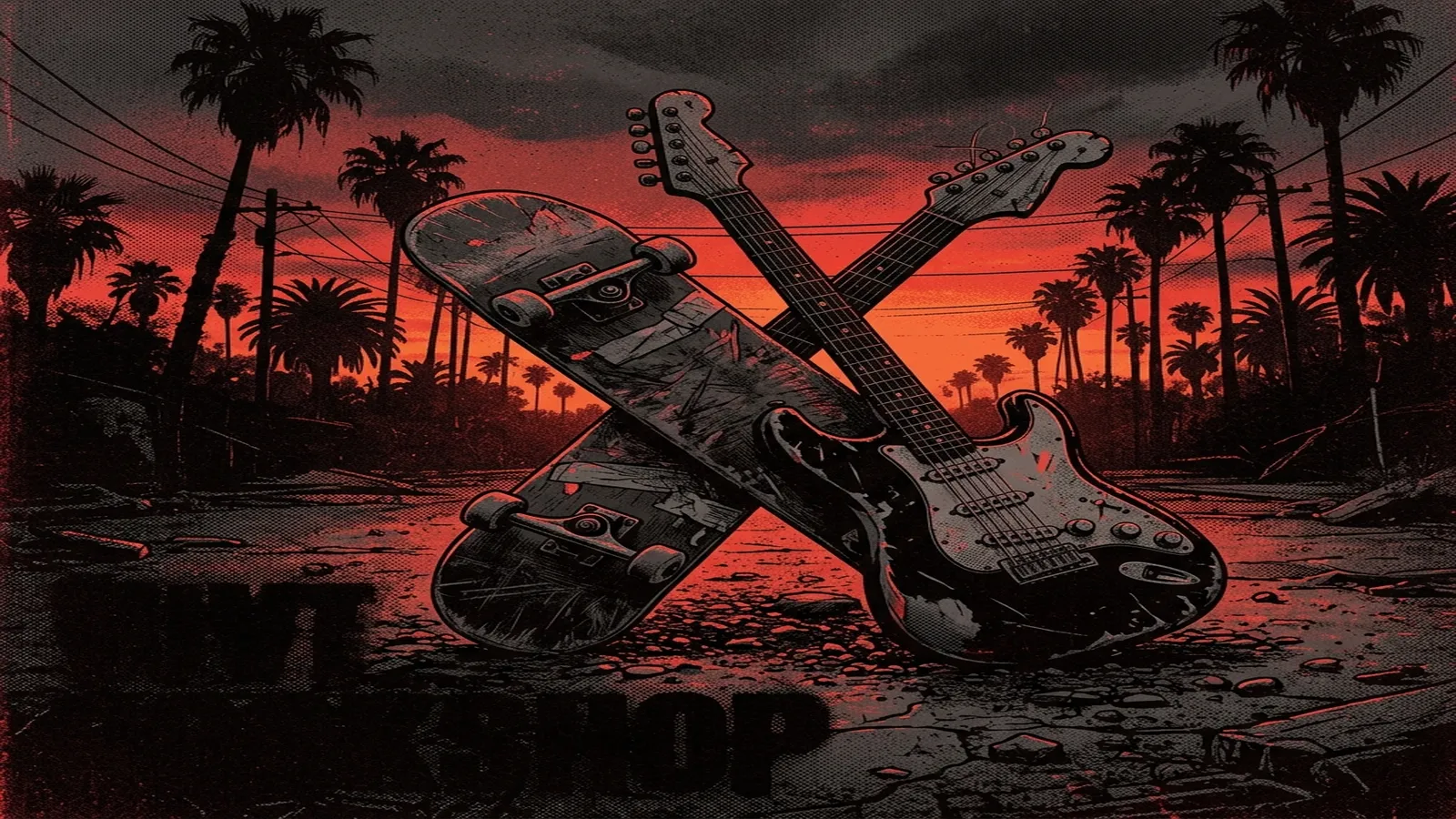 ilustración tributo de guitarras eléctricas y amplificadores en un garaje californiano bañado por el sol de los 90, atmósfera cruda y energética, paleta rojo y negro, sin rostros reconocibles ni logos