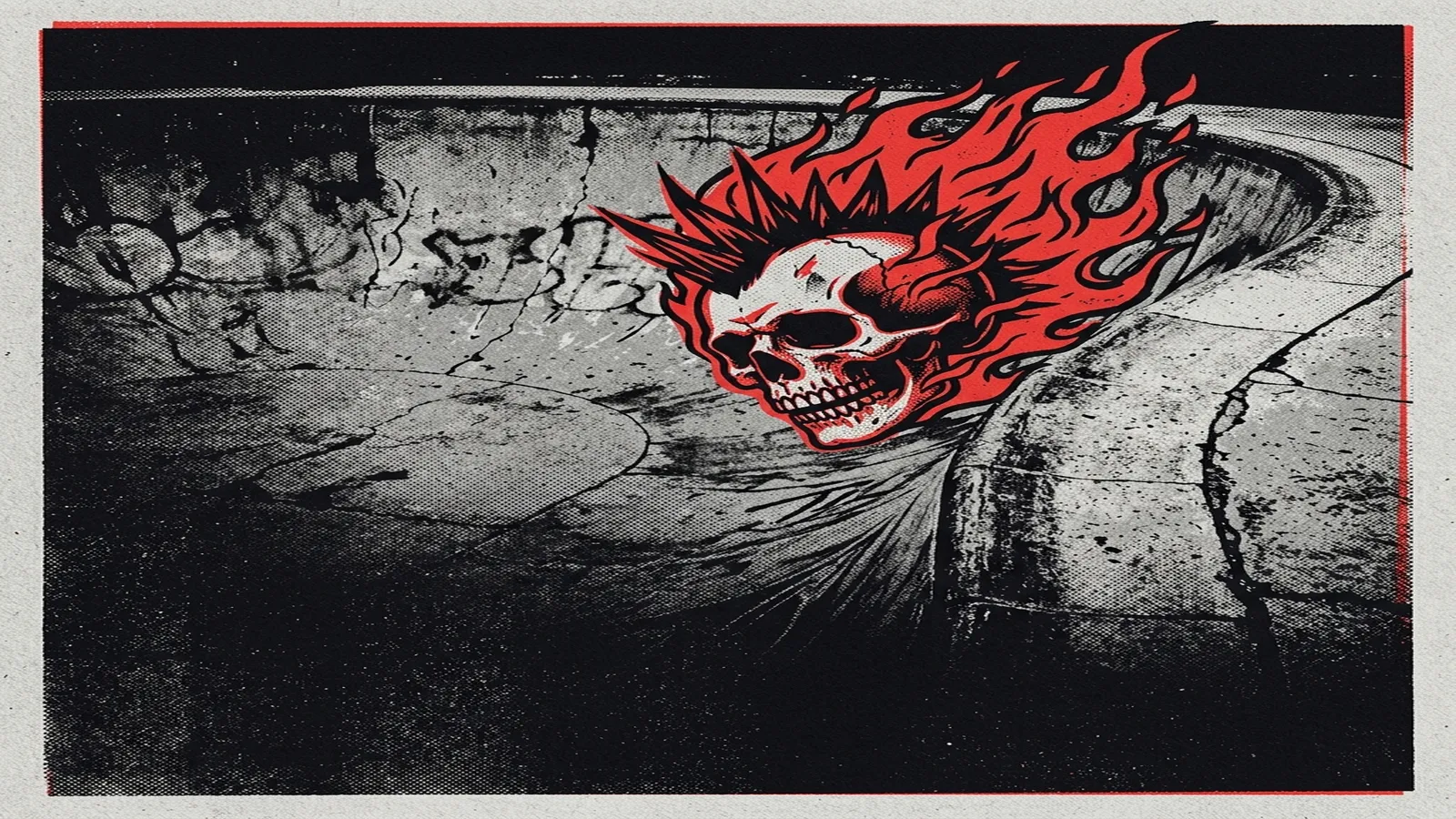 ilustración tributo de una multitud en un festival punk californiano bajo el sol, banderas y puños en alto, atmósfera de energía colectiva desbordada, paleta rojo y negro, sin rostros ni logos