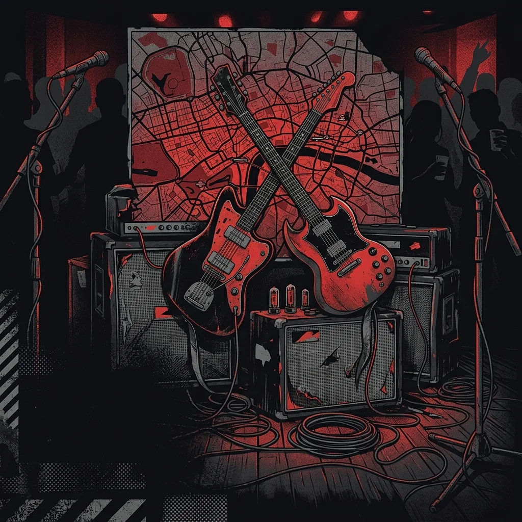 ilustración tributo de dos guitarras eléctricas cruzadas sobre un mapa de Londres nocturno, cables y amplificadores vintage en un club de jazz, atmósfera oscura y eléctrica, paleta rojo y negro, sin rostros reconocibles ni logos
