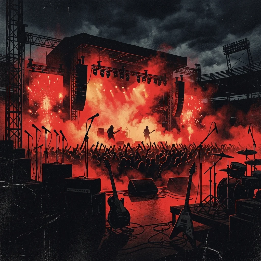 ilustración tributo de un escenario de estadio bañado en luz roja y humo, siluetas de guitarras y micrófonos bajo un cielo nocturno, energía cruda y poderosa, paleta rojo y negro, sin rostros ni logos