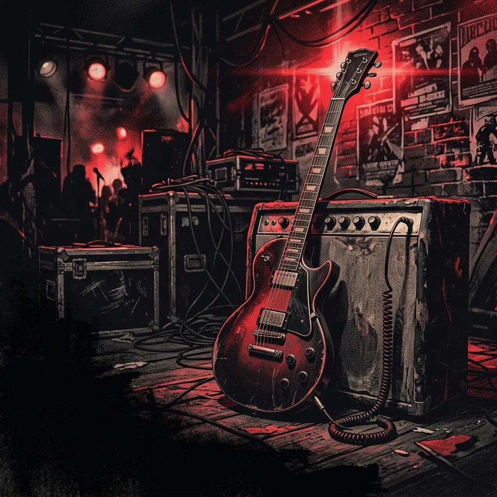 ilustración tributo de una guitarra eléctrica Gibson apoyada en un amplificador vintage con destellos de luz en tonos carmesí, atmósfera de backstage, paleta rojo y negro, sin texto ni logotipos