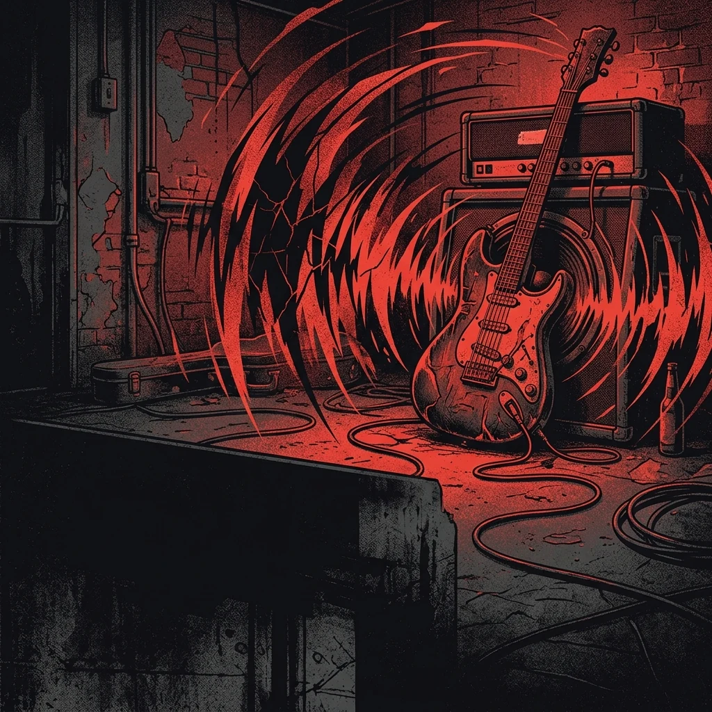 ilustración tributo de una guitarra eléctrica distorsionada con ondas sonoras expansivas en un garaje oscuro de Chicago, atmósfera densa y eléctrica, paleta rojo y negro, sin rostros reconocibles ni logos