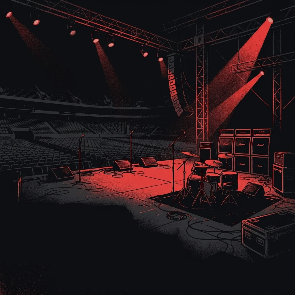 ilustración tributo de un escenario de estadio iluminado con focos en la oscuridad, multitud difuminada al frente, atmósfera de grandeza melancólica, paleta rojo y negro, sin rostros ni logos