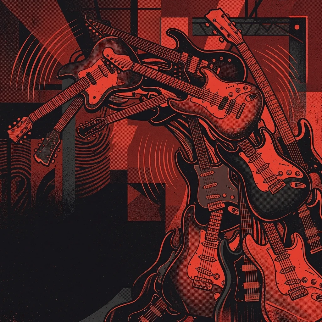 ilustración tributo de múltiples guitarras eléctricas superpuestas formando una ola de sonido, motivos abstractos de melancholia y euforia, paleta rojo y negro, sin texto ni logotipos