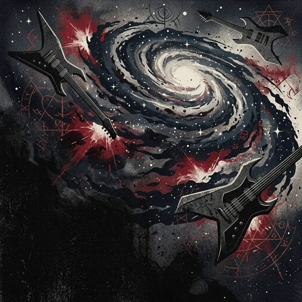 ilustración tributo de una galaxia en espiral con guitarras eléctricas flotando en el vacío interestelar, atmósfera de black metal cósmico alemán, neblina oscura con destellos de rojo y blanco, sin rostros reconocibles ni logos, paleta rojo y negro