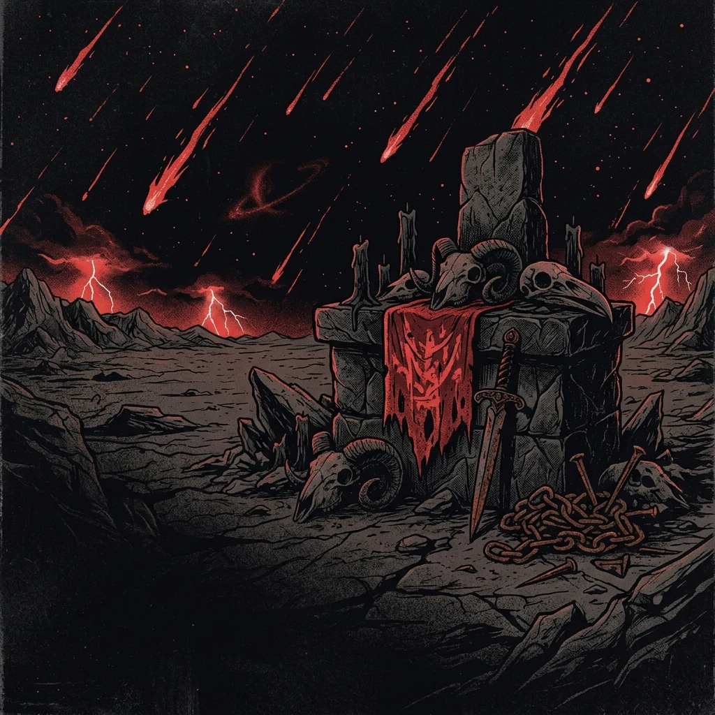 ilustración tributo de un altar de piedra oscura bajo una lluvia de estrellas rojas, relámpagos en el horizonte de un planeta inhóspito, black/death metal cósmico, atmósfera fría y expansiva, sin rostros ni logos, paleta rojo y negro