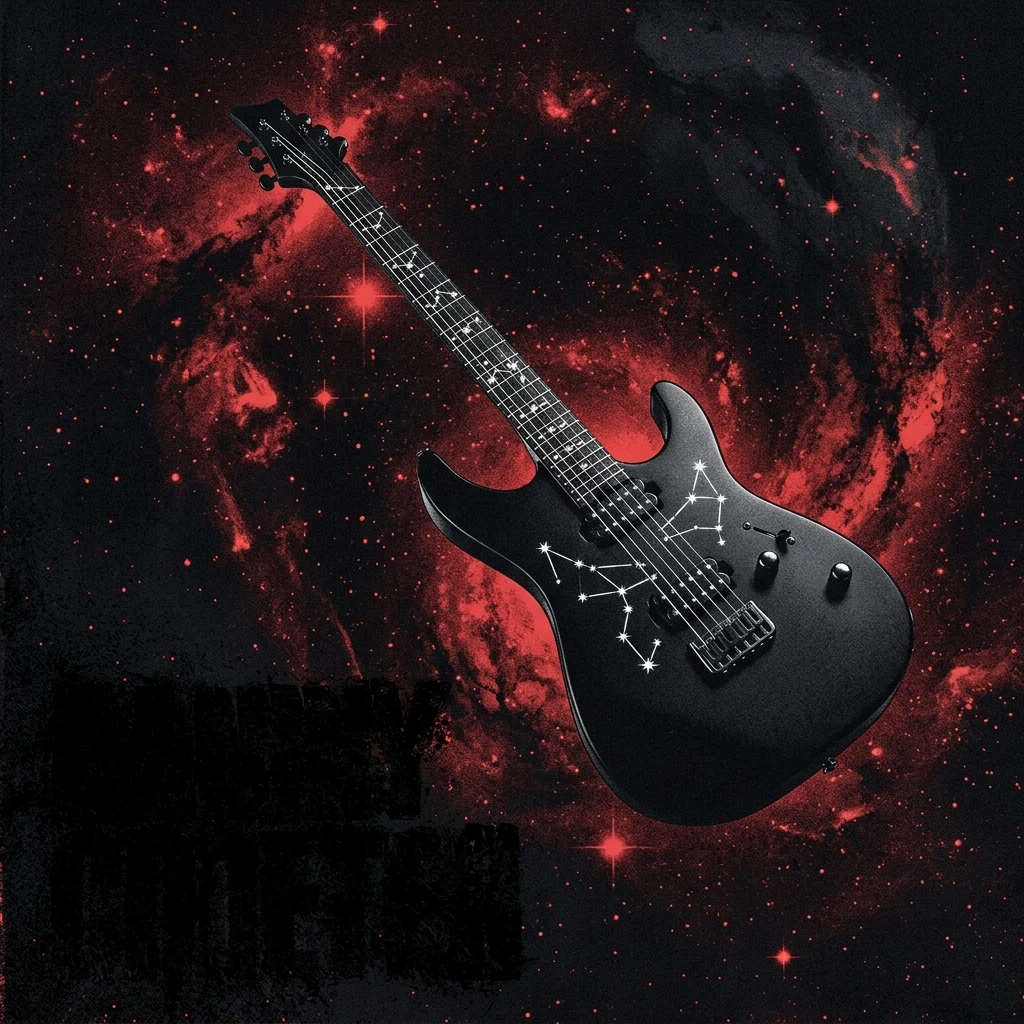 ilustración tributo de una guitarra de cuerpo negro con incrustaciones de constelaciones, flotando ante un abismo estelar rojo y negro, black/death melódico alemán, sin texto ni logotipos, atmósfera fría y cósmica, paleta rojo y negro