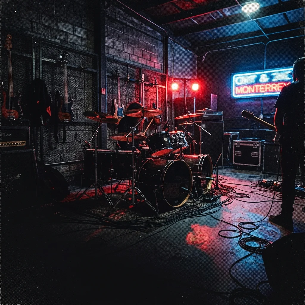 Ilustración tributo de energía hard rock: sala de ensayo en Monterrey con baterón potente al centro, guitarras y bajo colgados, luz roja y neón azul, cables en el suelo, sin rostros ni logos, estética industrial norteña