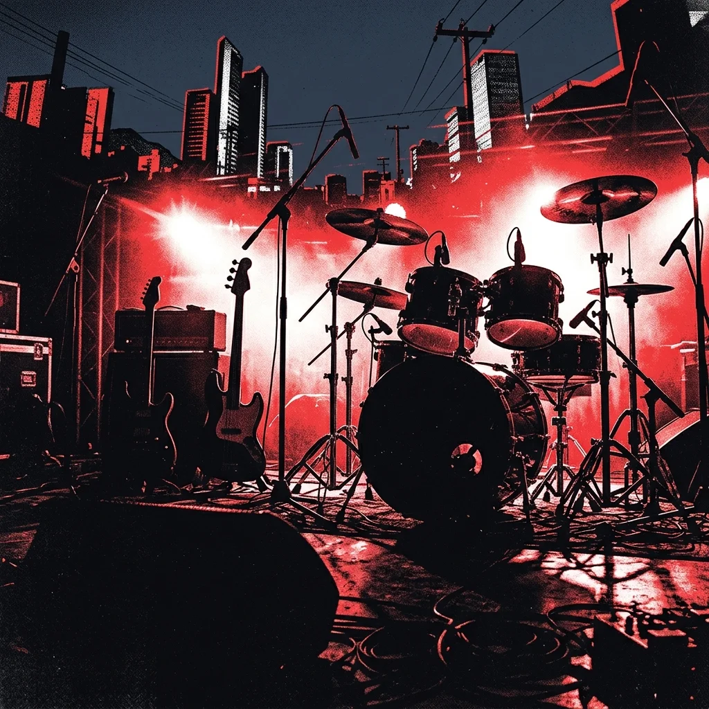 Ilustración tributo de escenario de rock con luces de concierto rojo y blanco, siluetas de instrumentos (batería de gran tamaño, guitarra y bajo) sobre fondo urbano abstracto de Monterrey, energía explosiva, sin personas reconocibles