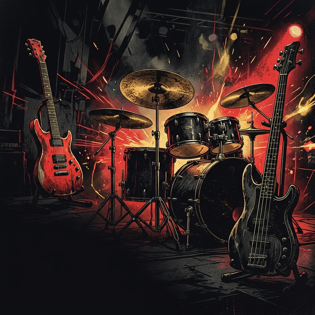 Ilustración tributo de instrumentos hard rock en primer plano: batería potente con platillos grandes en el centro, guitarra eléctrica roja a la izquierda y bajo negro a la derecha, sobre fondo negro con destellos rojos y dorados, estética poster de gira