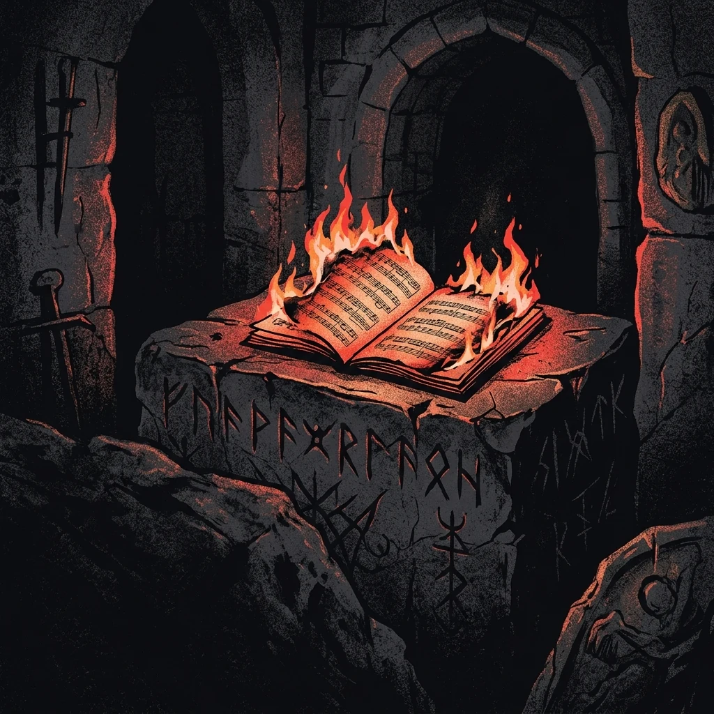 ilustración tributo de una partitura musical ardiendo sobre un altar de piedra rodeado de runas, atmósfera death metal gótico escandinavo años 90, sin rostros reconocibles ni logos, paleta rojo y negro con brillo cobrizo