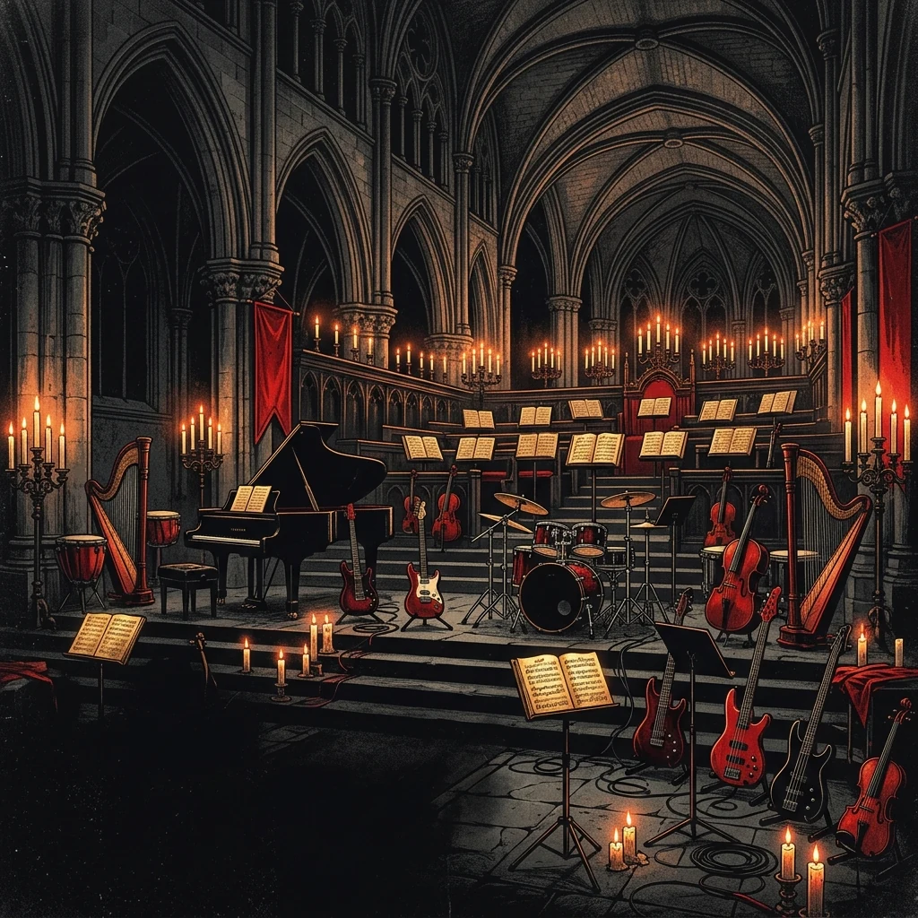 ilustración tributo de una orquesta y coro bajo bóvedas góticas iluminadas por velas, atmósfera symphonic metal europeo años 2000, sin rostros ni logos, paleta rojo y negro con destellos dorados en las partituras