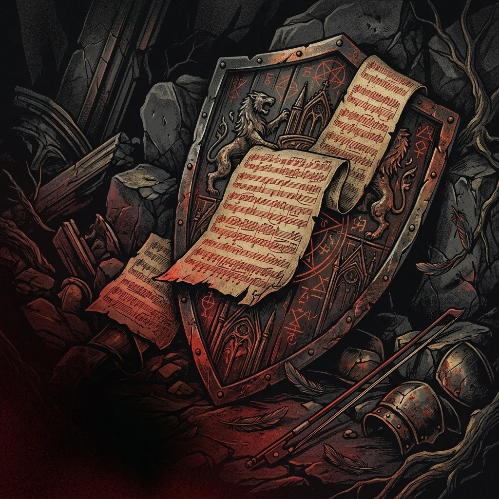 ilustración tributo de una partitura sinfónica desplegada sobre un escudo medieval con símbolos ocultistas, atmósfera symphonic metal contemporáneo, sin texto ni logotipos, paleta rojo y negro con destellos de oro y cobre envejecido